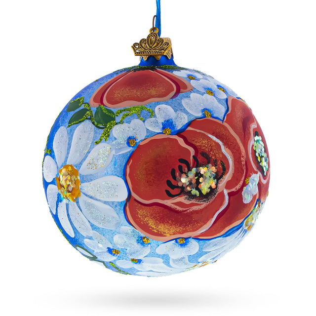 Poppies and Chamomiles Glass Ball Ornament in Blue color, Round shape