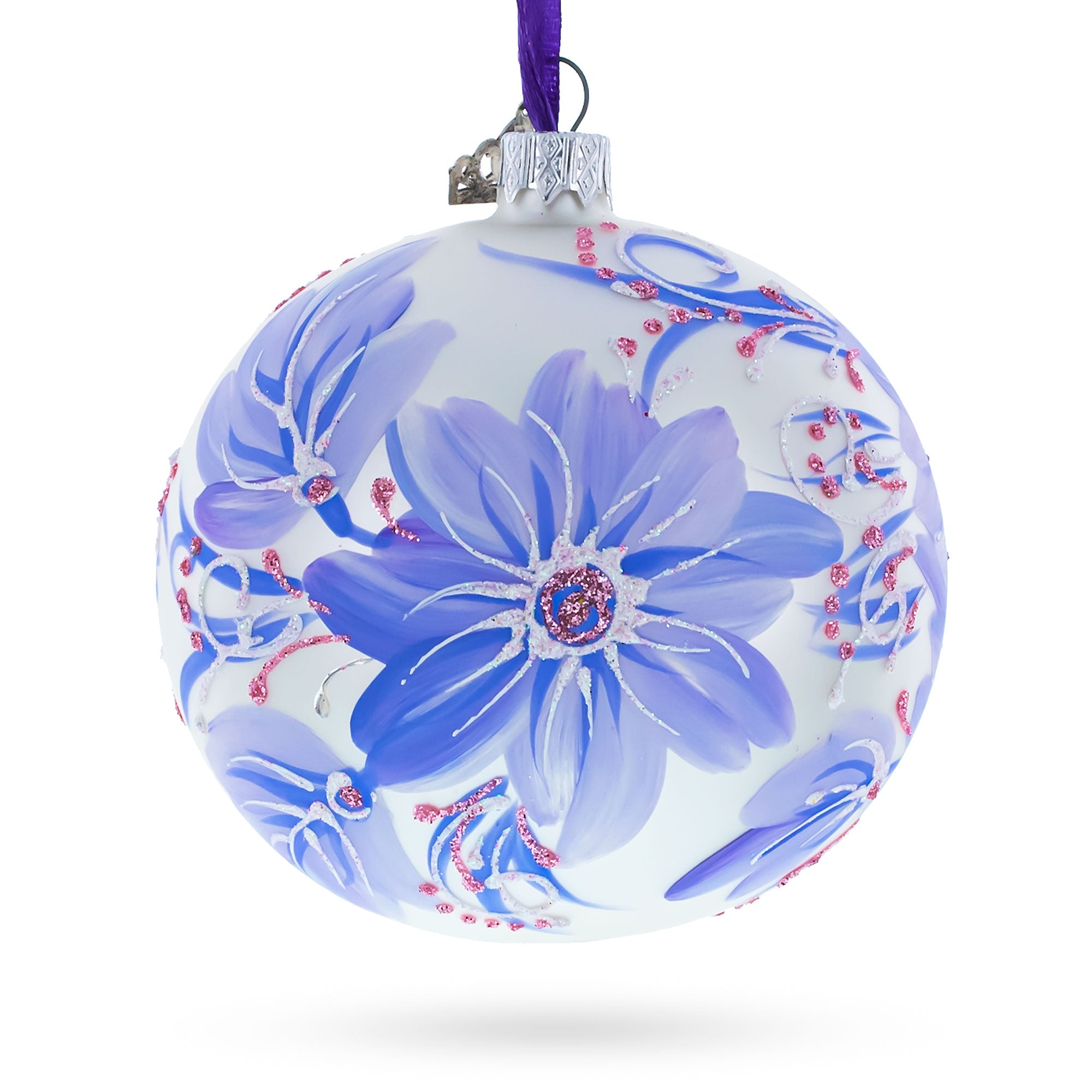 Gerbera Flowers Glass Ball Ornament in Blue color Round
