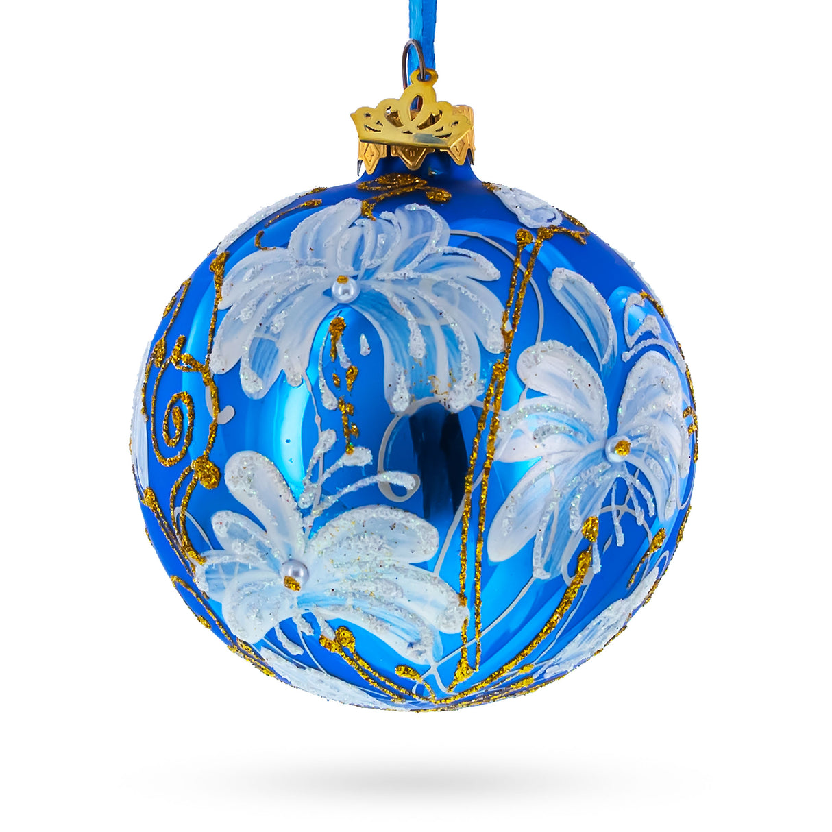 White Lilies Flowers Glass Ball Ornament in Blue color, Round shape