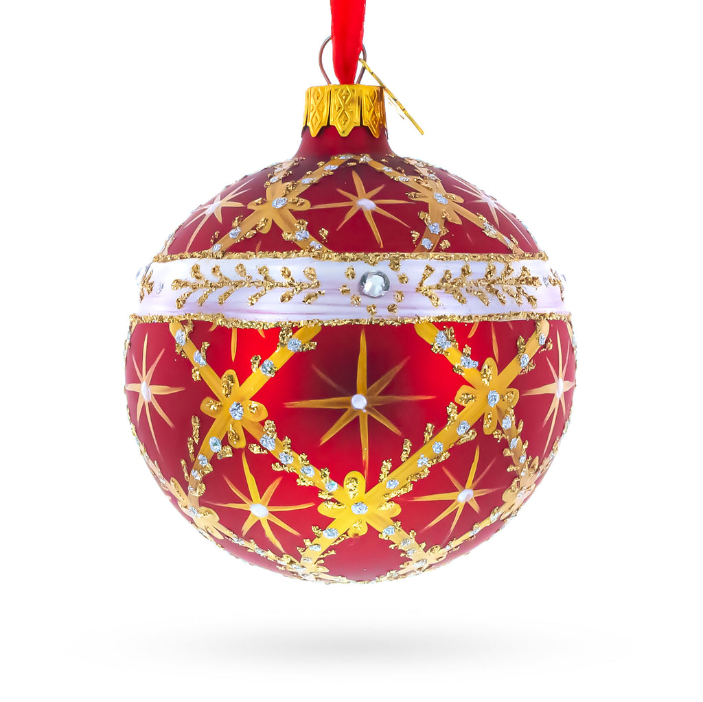 Diamond Trellis on Red Glass Ball Christmas Ornament 3.25 Inches in Red color Round