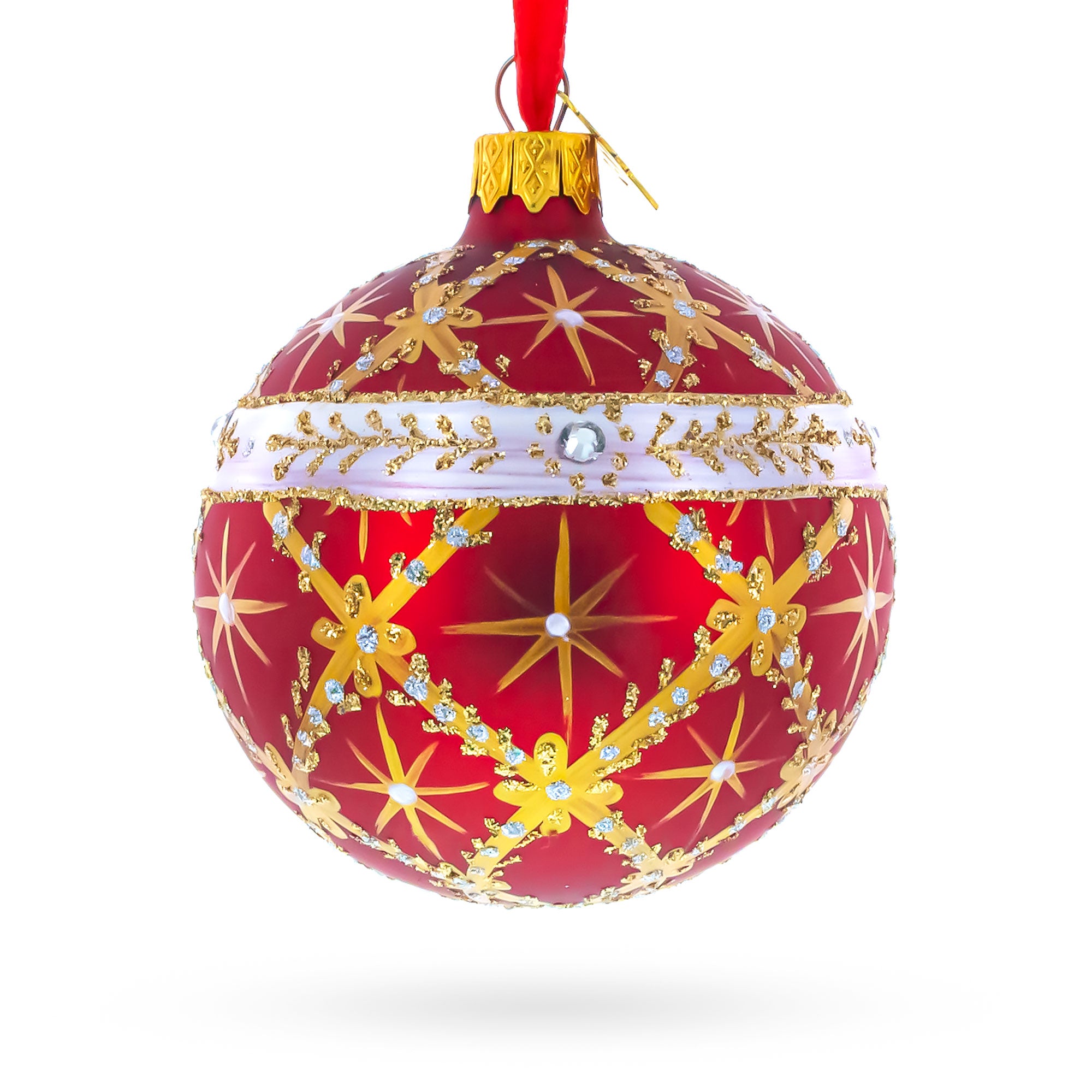 Diamond Trellis on Red Glass Ball Christmas Ornament 3.25 Inches in Red color Round