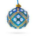 White Flowers on Blue Glass Ball Christmas Ornament 3.25 Inches in Blue color Round