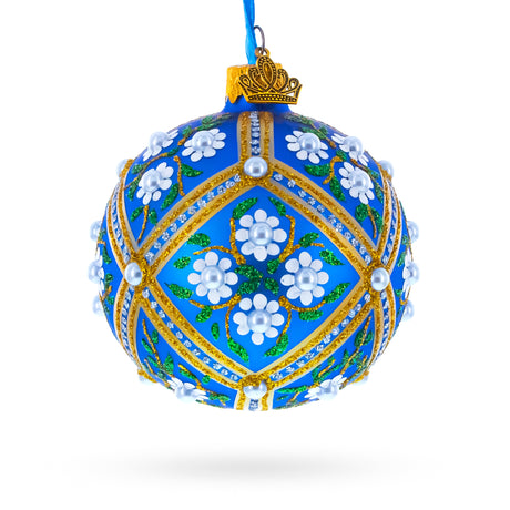 White Flowers on Blue Glass Ball Christmas Ornament 3.25 Inches in Blue color Round