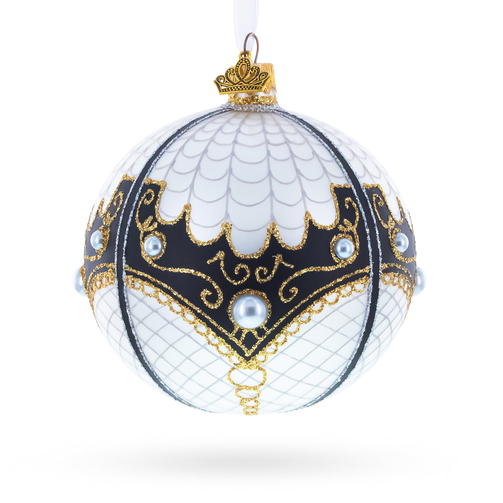 Mother Of Pearl on White Glass Ball Christmas Ornament 4 Inches in White color Round