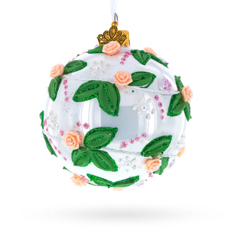 3D Roses in Silver Spiral Glass Ball Christmas Ornament 3.25 Inches in White color Round