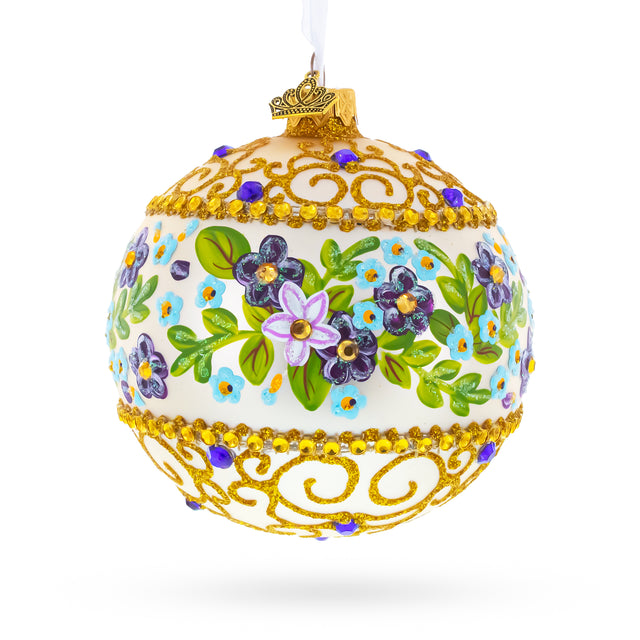 Flowers Swirl Glass Ball Christmas Ornament 4 Inches in Beige color Round