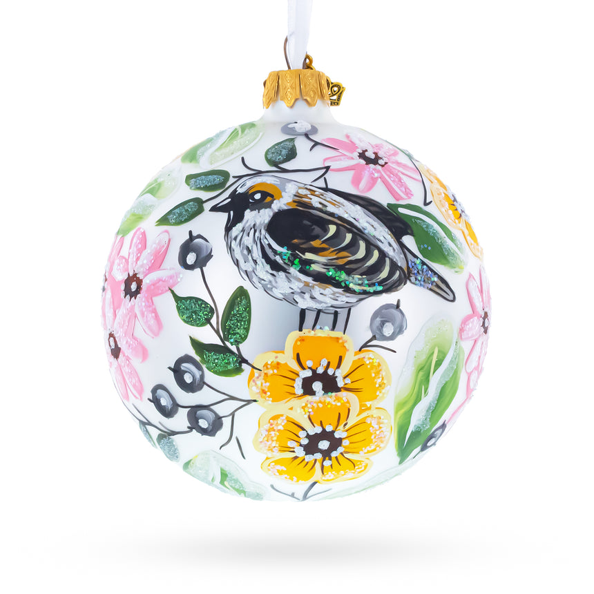 Birds Singing Extravaganza Glass Ball Christmas Ornament 4 Inches in White color Round