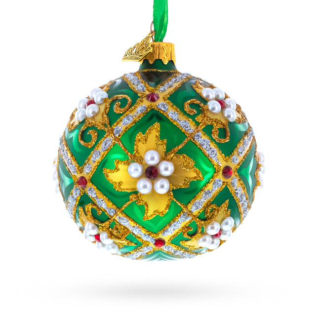Jewels on Green Glass Ball Christmas Ornament 3.25 Inches in Green color Round