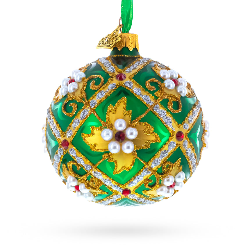 Jewels on Green Glass Ball Christmas Ornament 3.25 Inches in Green color Round