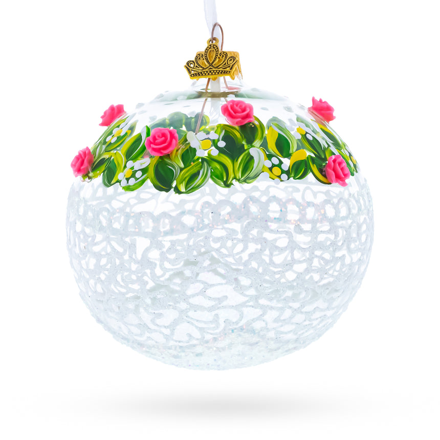 Dimensional Pink Roses Glass Ball Christmas Ornament 4 Inches in White color Round
