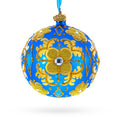Jeweled Golden Leaves on Blue Glass  Ball Christmas Ornament 4 Inches in Blue color Round