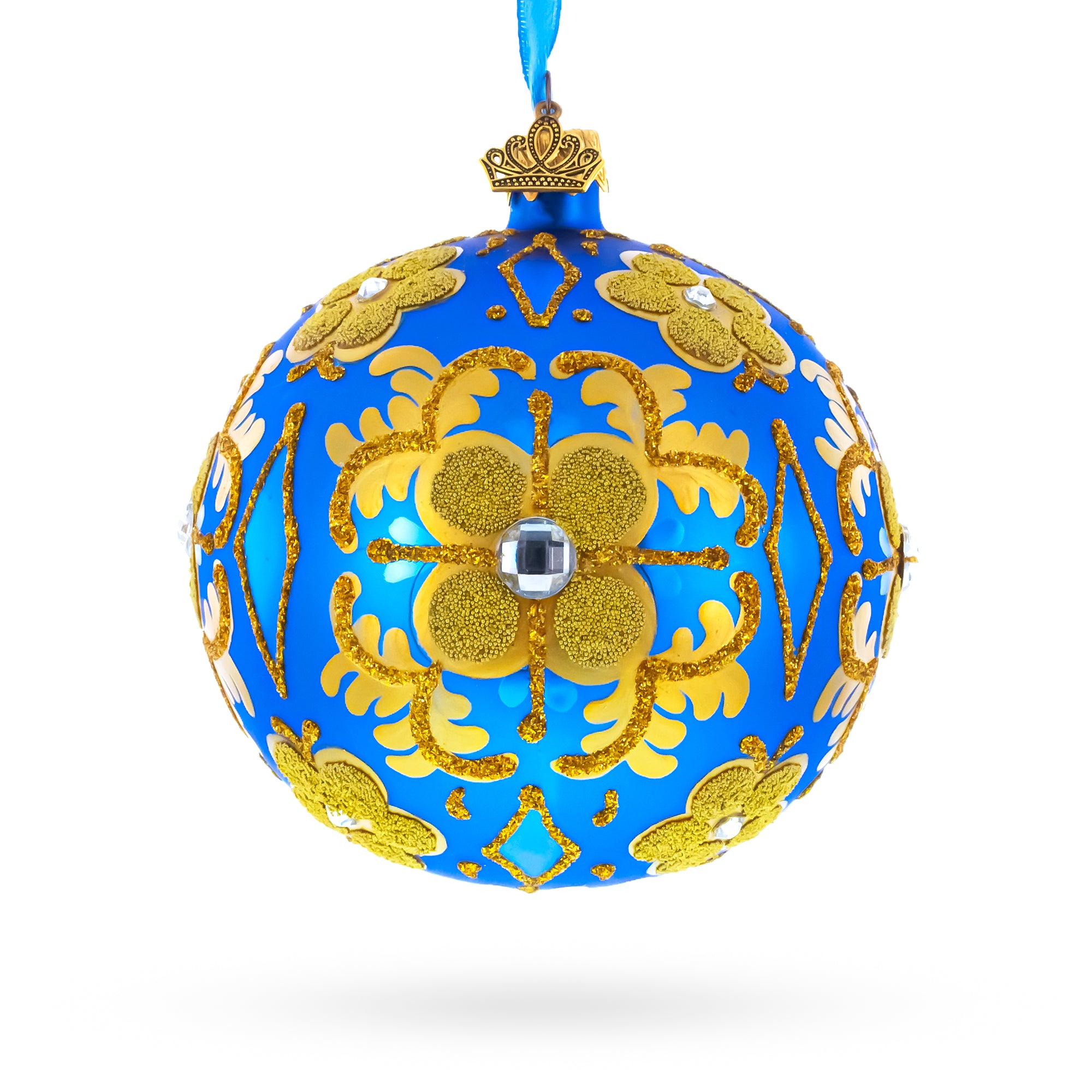 Jeweled Golden Leaves on Blue Glass  Ball Christmas Ornament 4 Inches in Blue color Round