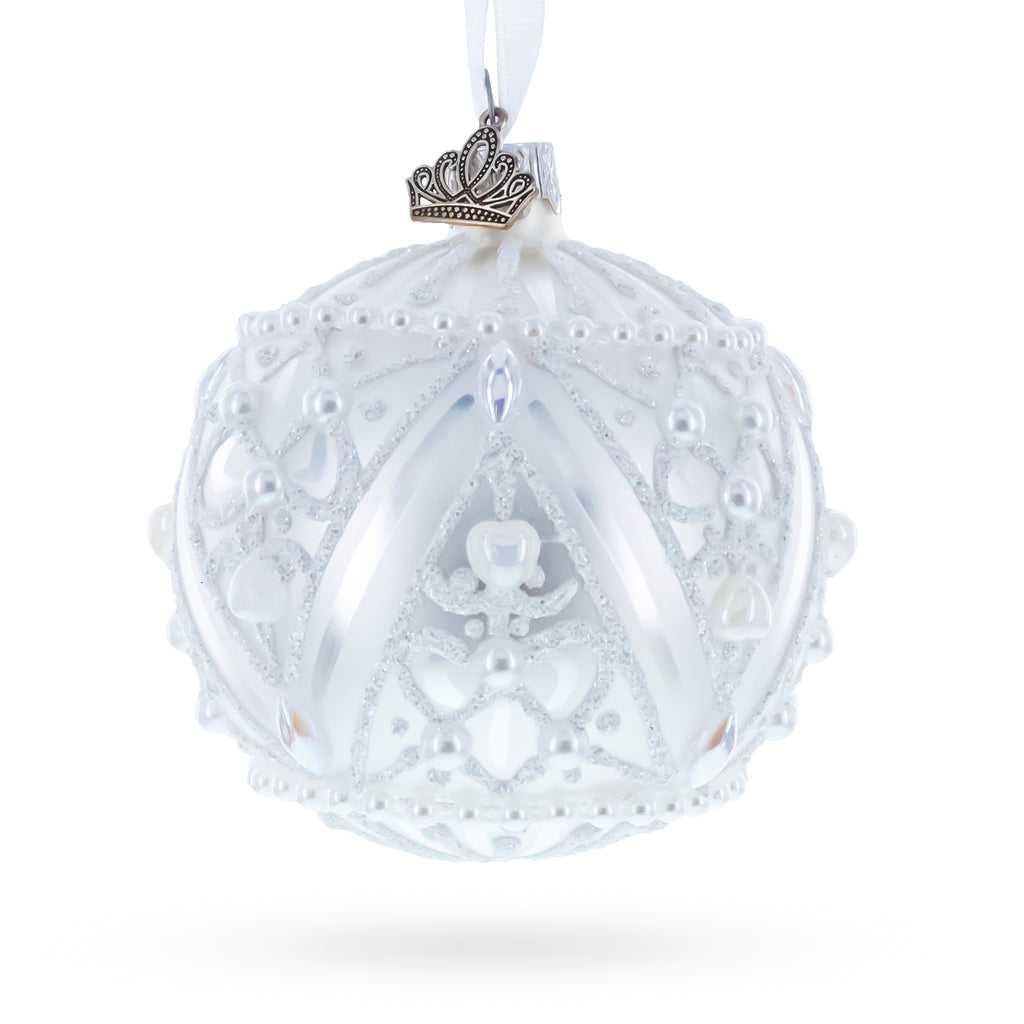 Dimensional Pearl Drops on White Ball Glass Christmas Ornament 3.25 Inches in Silver color Round