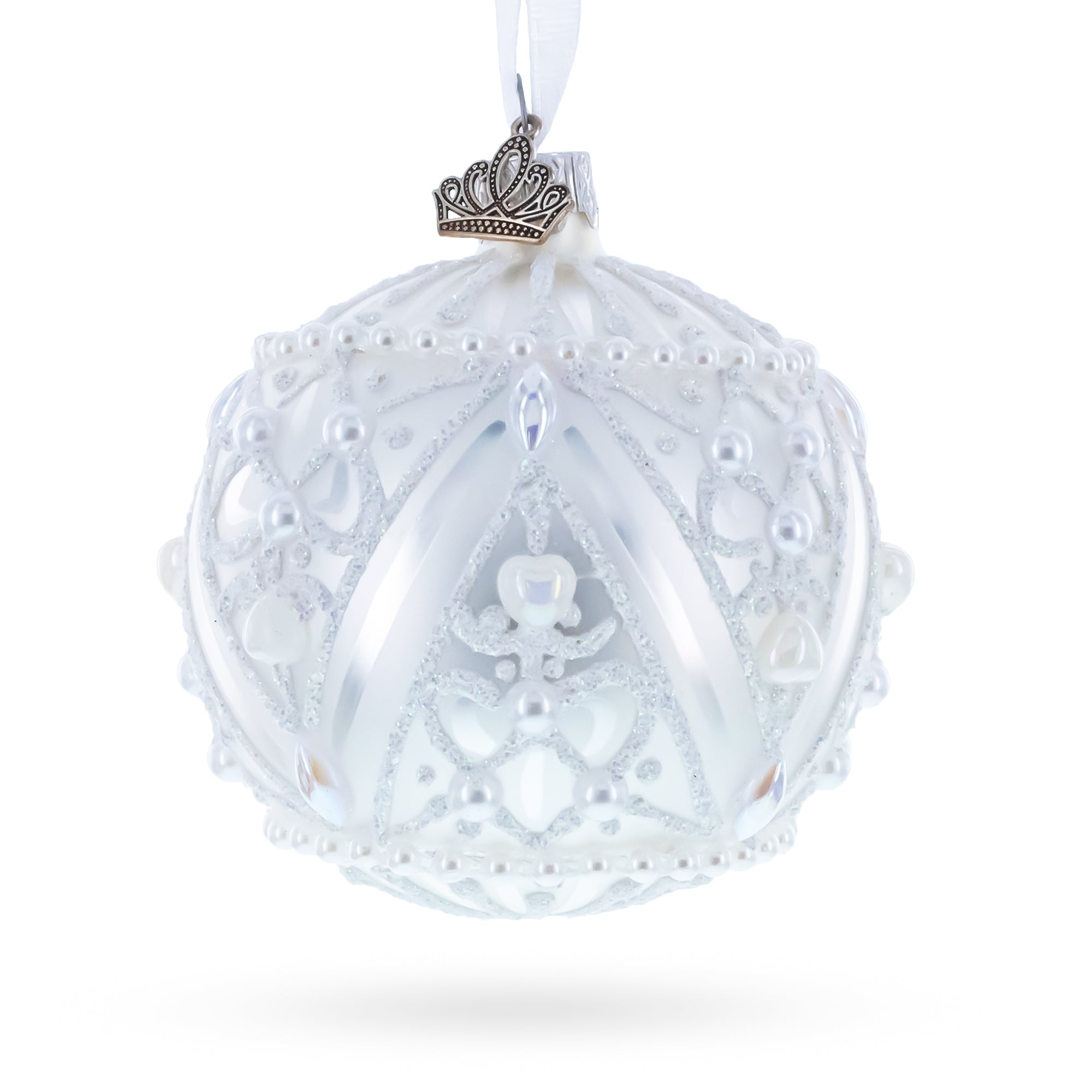 Dimensional Pearl Drops on White Ball Glass Christmas Ornament 3.25 Inches in Silver color Round