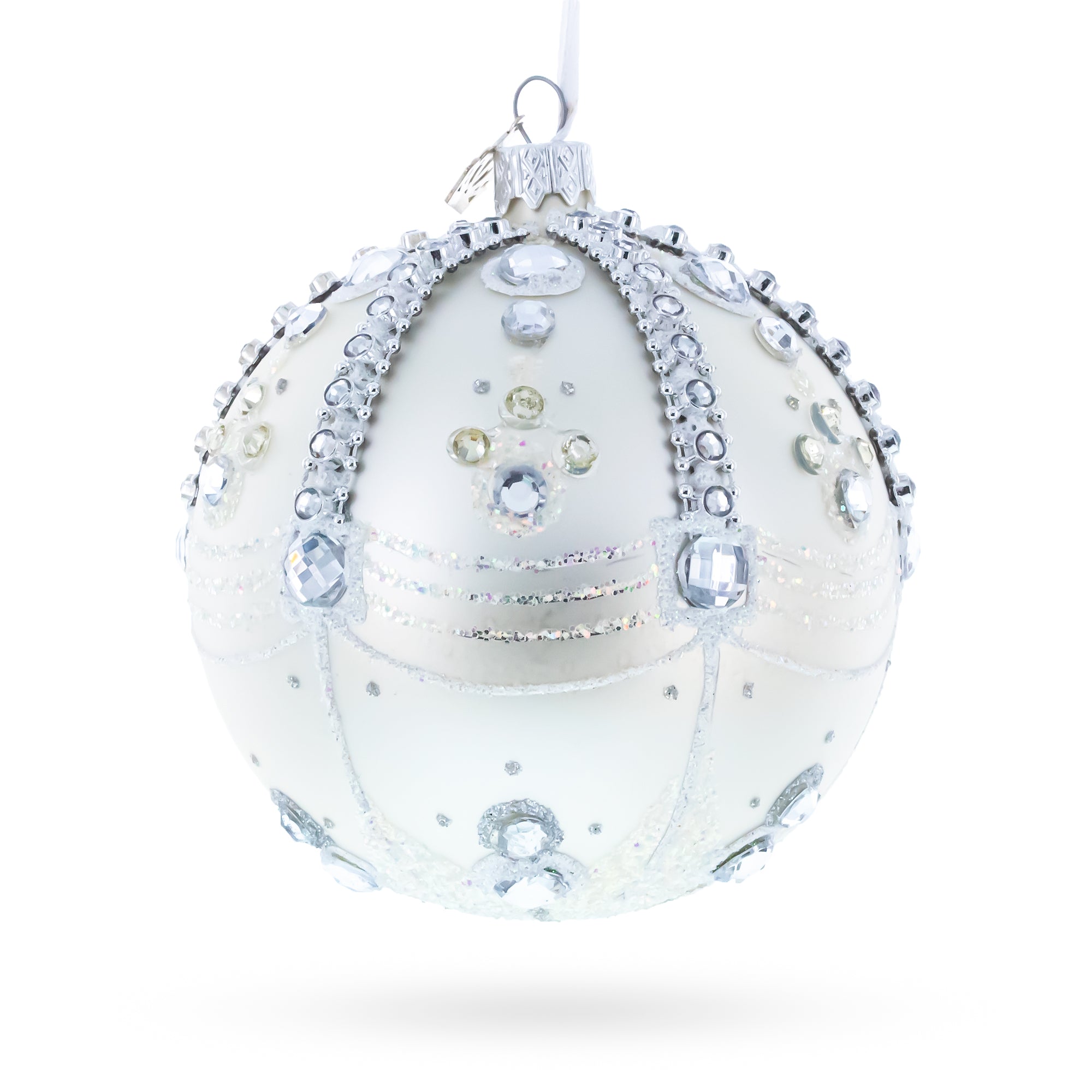 White Jewels on Silver Glass Ball Christmas Ornament 4 Inches in Silver color Round