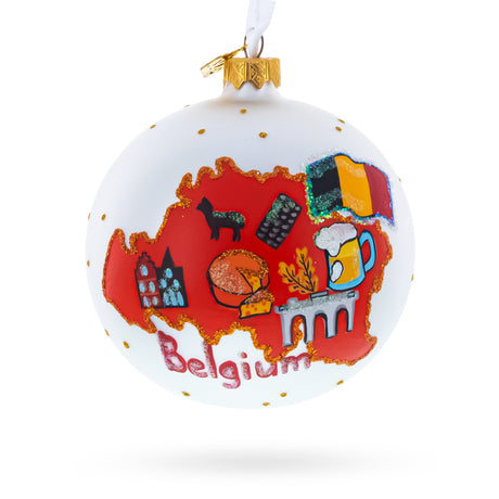 Belgium Map and Symbols Glass Ball Christmas Ornament 4 Inches in White color Round