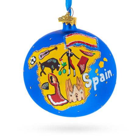 Spain Map and Symbols  Glass Ball Christmas Ornament 4 Inches in Blue color Round