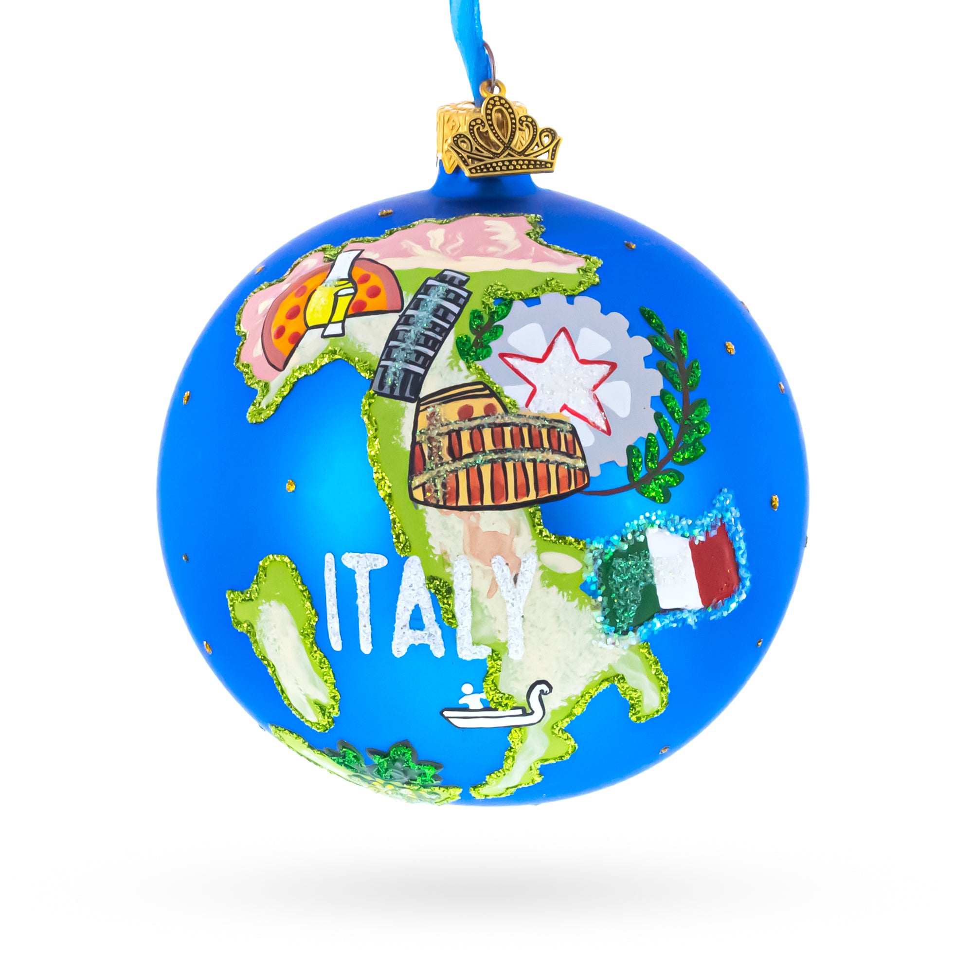 Italy Landmarks and Symbols Glass Ball Christmas Ornament 4 Inches in Blue color Round