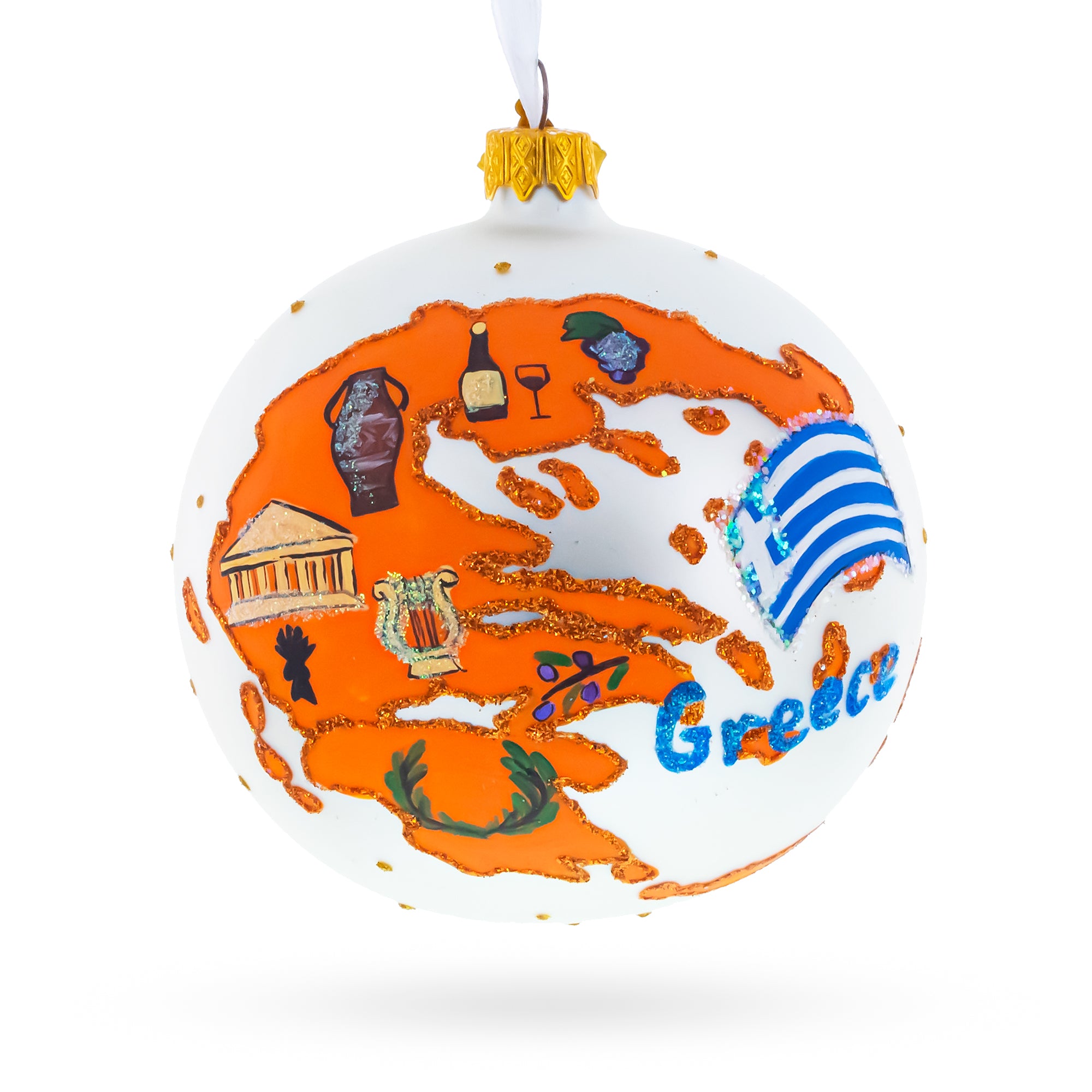 Greece Landmarks and Symbols Glass Ball Christmas Ornament 4 Inches in White color Round