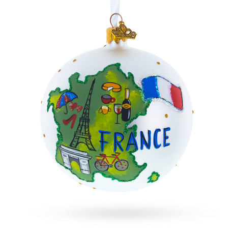 France Map and Symbols Glass Ball Christmas Ornament 4 Inches in White color Round