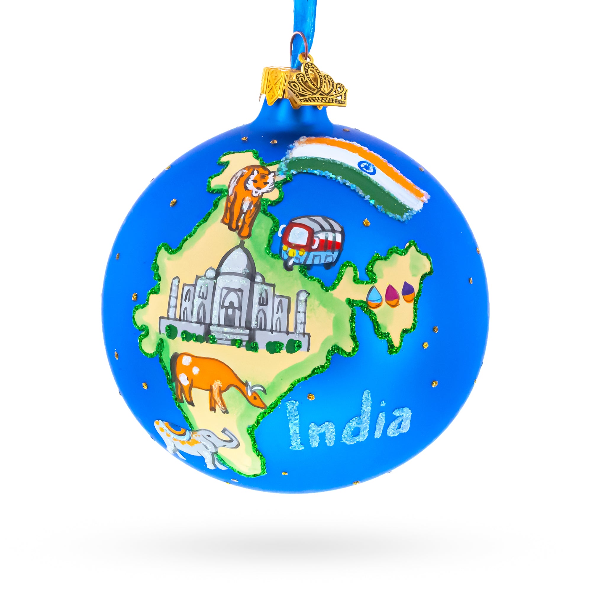 India Landmarks and Symbols Glass Ball Christmas Ornament 4 Inches in Blue color Round