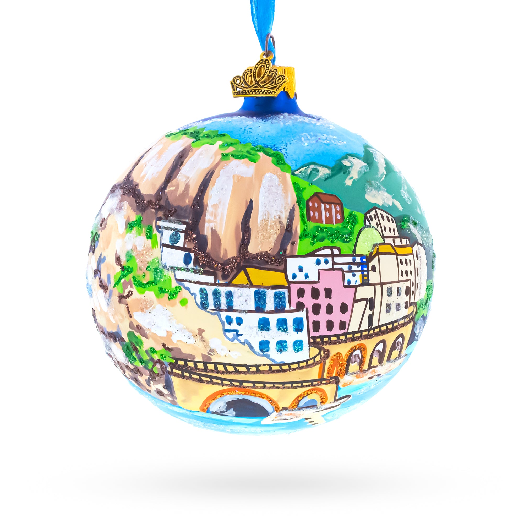 Amalfi Coast, Italy, Glass Ball Christmas Ornament 4 Inches in Multi color Round