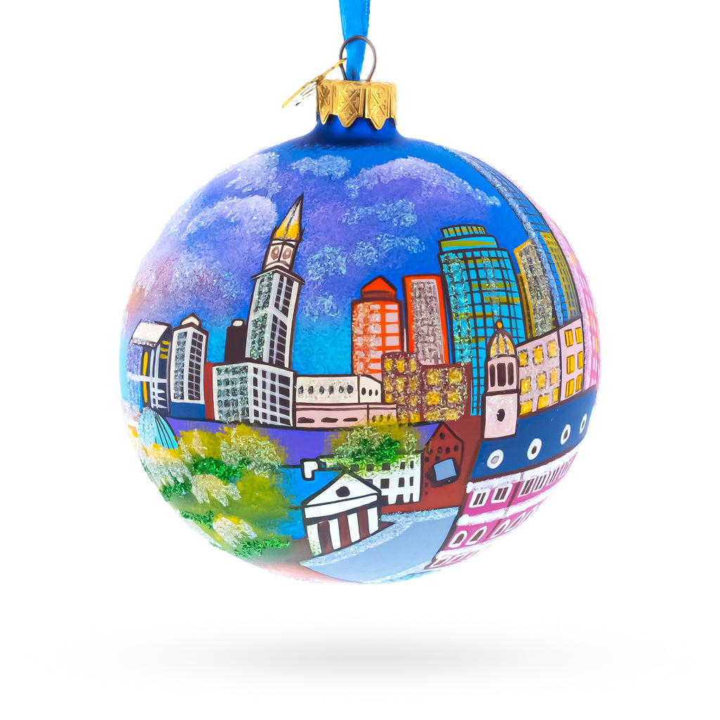 Boston, Massachusetts, USA Glass Ball Christmas Ornament 4 Inches in Blue color Round