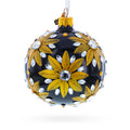 Golden Glitter Sunflower with Crystal Embellishments Glass Ball Christmas Ornament 3.25 Inches in Black color Round