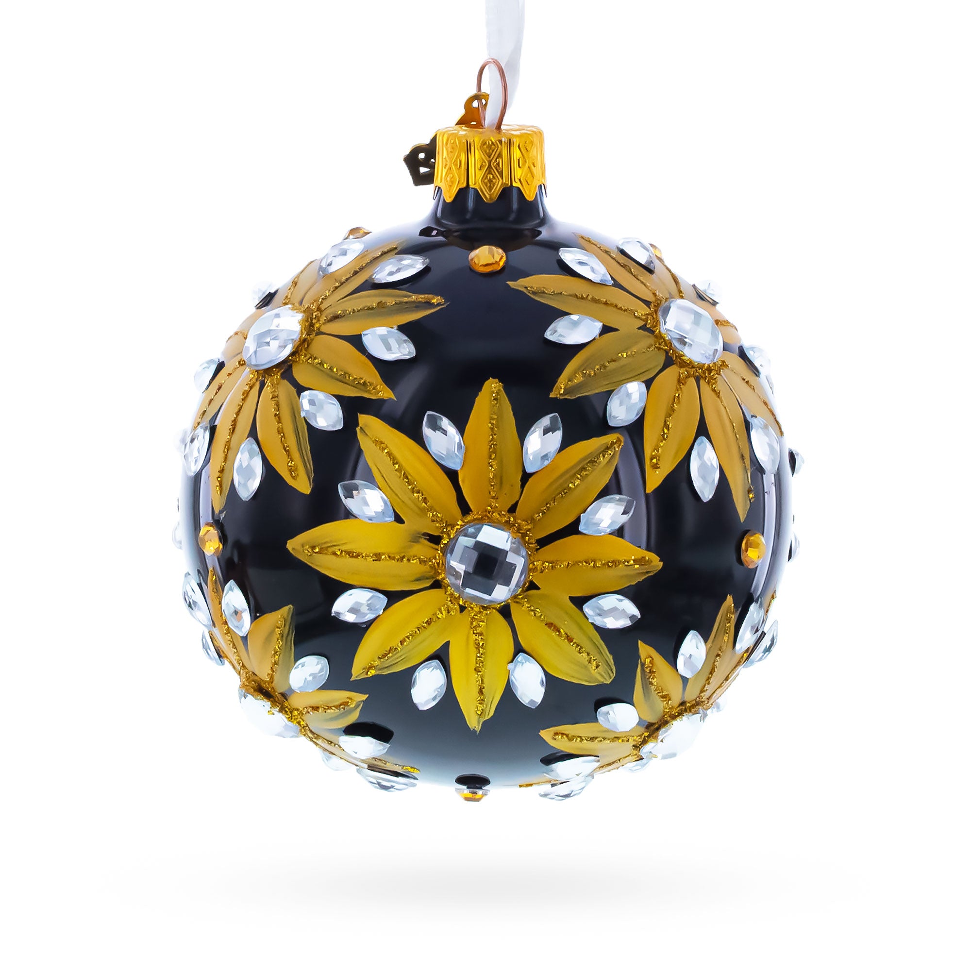 Golden Glitter Sunflower with Crystal Embellishments Glass Ball Christmas Ornament 3.25 Inches in Black color Round