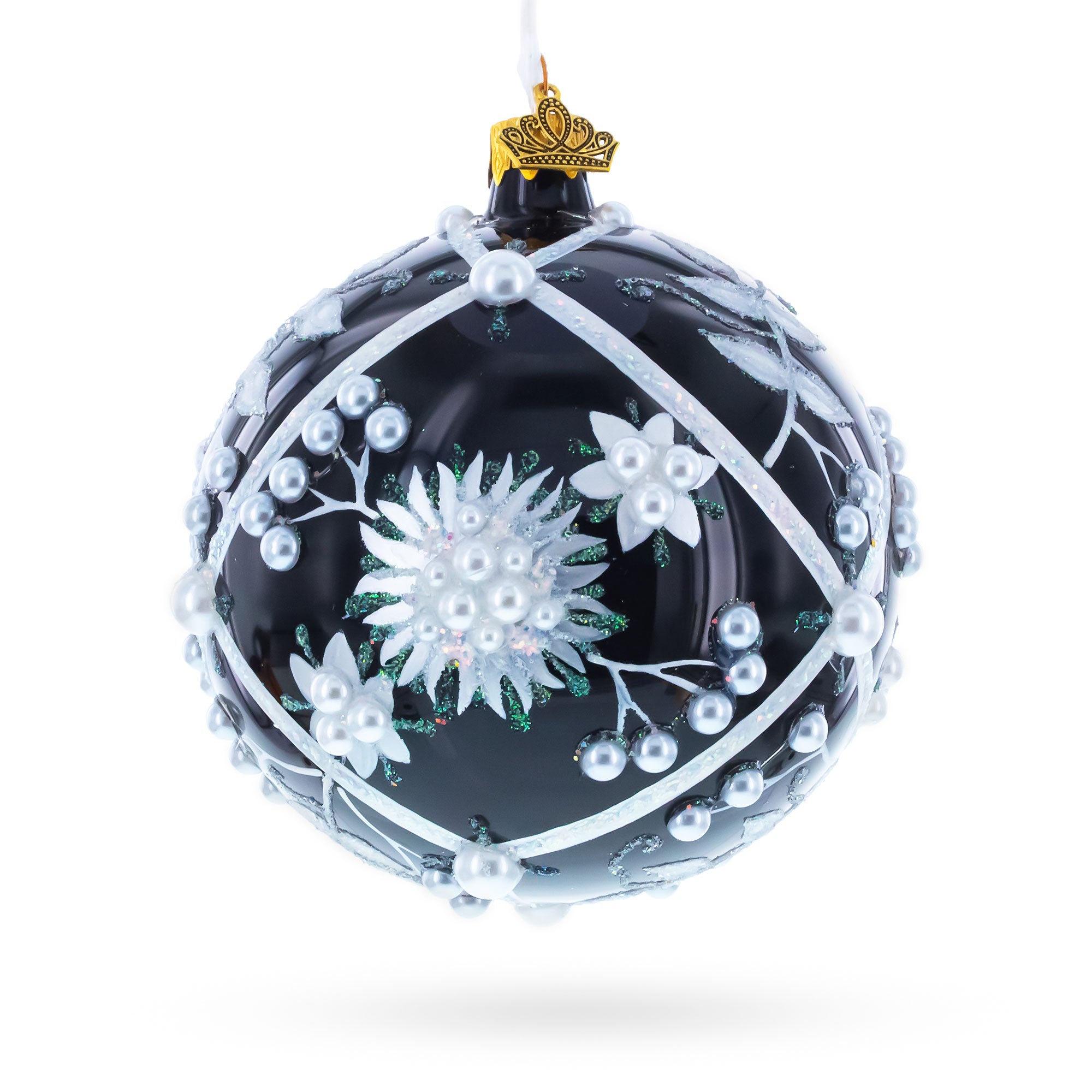 Pearl-Encrusted White Floral Design on Black Glass Ball Christmas Ornament 4 Inches in Black color Round