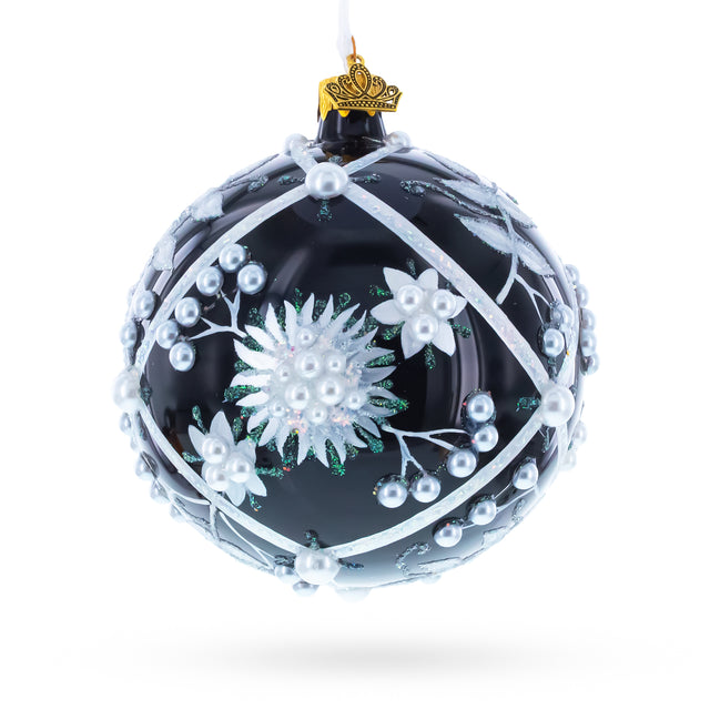 Pearl-Encrusted White Floral Design on Black Glass Ball Christmas Ornament 4 Inches in Black color Round