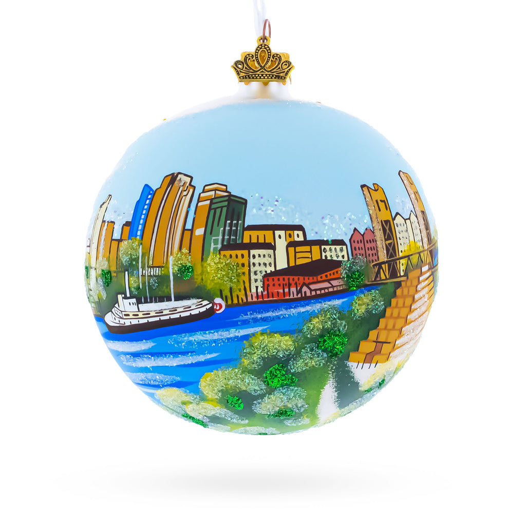 Skyline of Sacramento, California Glass Ball Christmas Ornament 4 Inches in Multi color Round