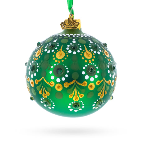 Emerald Green with Golden Accents and Crystals Glass Ball Christmas Ornament 3.25 Inches in Green color Round