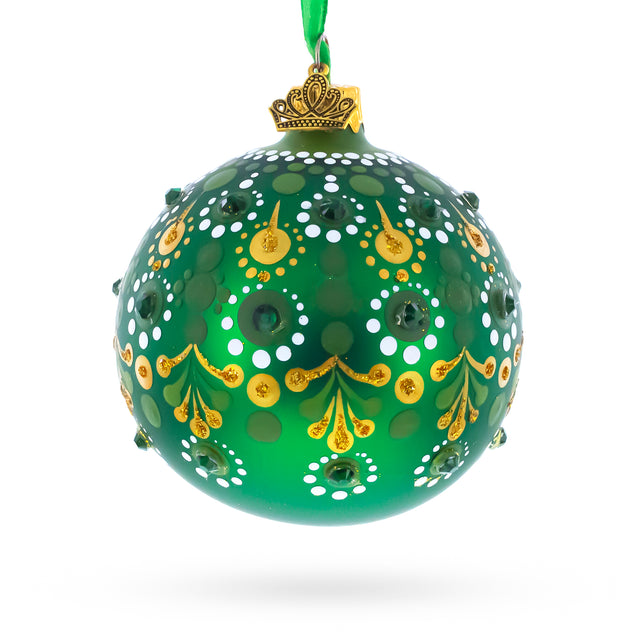 Emerald Green with Golden Accents and Crystals Glass Ball Christmas Ornament 3.25 Inches in Green color Round