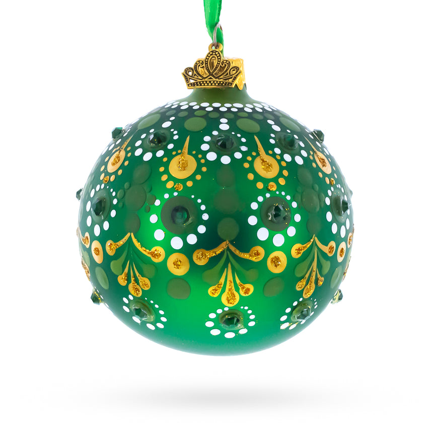 Emerald Green with Golden Accents and Crystals Glass Ball Christmas Ornament 3.25 Inches in Green color Round