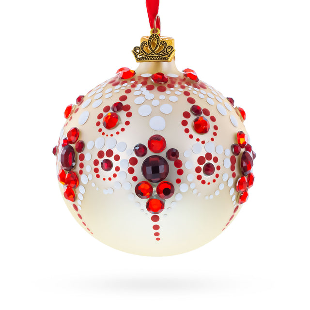 Red and Crystal Droplets Festive Glass Ball Christmas Ornament 3.25 Inches in White color Round