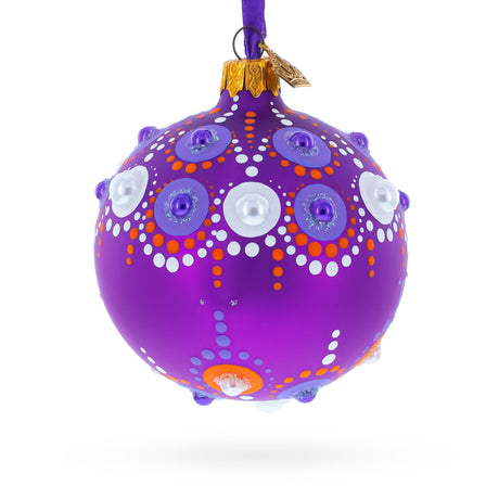 Purple Majesty with Silver Accents Geometric Glass Ball Christmas Ornament 3.25 Inches in Purple color Round