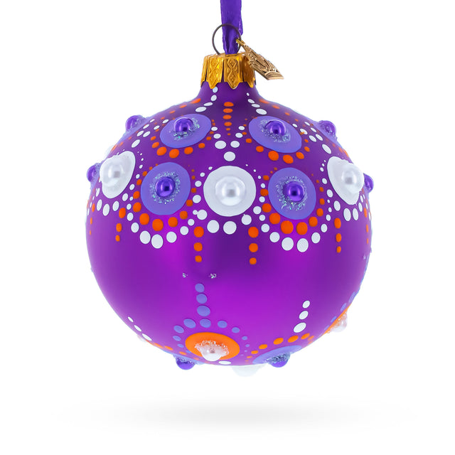 Purple Majesty with Silver Accents Geometric Glass Ball Christmas Ornament 3.25 Inches in Purple color Round