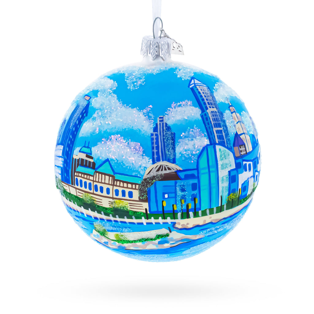 Cityscape of Cleveland, Ohio Glass Ball Christmas Ornament in Multi color Round
