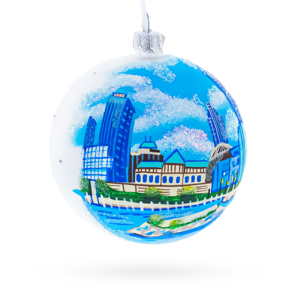 Cityscape of Cleveland, Ohio Glass Ball Christmas OrnamentUkraine , dimensions in inches: 4 x 4 x 4