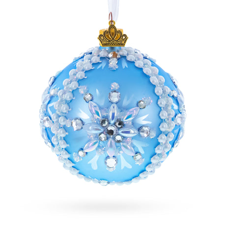 Blue and Pearl Jewel-Embellished Glass Ball Ornament 3.25 Inches in Blue color Round