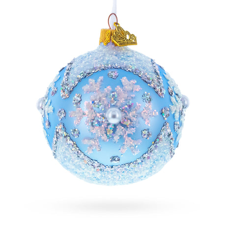 Sparkling Blue Snowflake and Pearl Glass Ball Ornament 3.25 Inches in Blue color Round