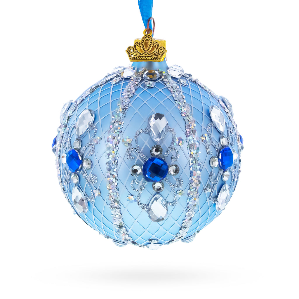 Luxurious Blue and Silver Jeweled Glass Ball Ornament 3.25 Inches in Blue color Round
