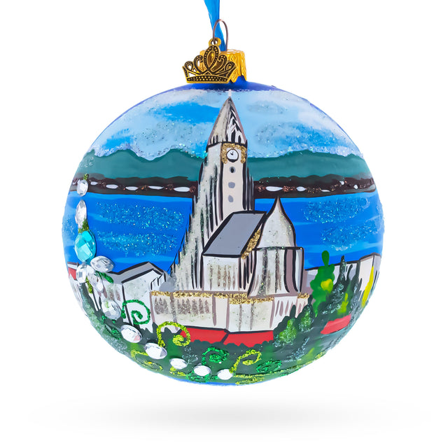 Hallgrimskirkja Church of Hallgrímur, Reykjavík, Iceland Glass Christmas Ornament in  color Round