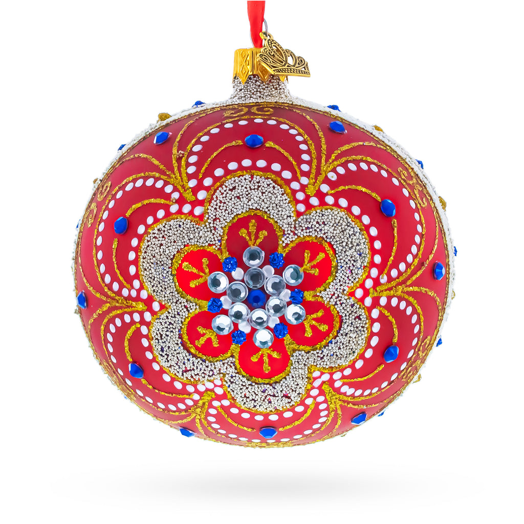 Baroque Filigree with Gemstones on Red Glass Ball Christmas Ornament 4 Inches in Red color Round