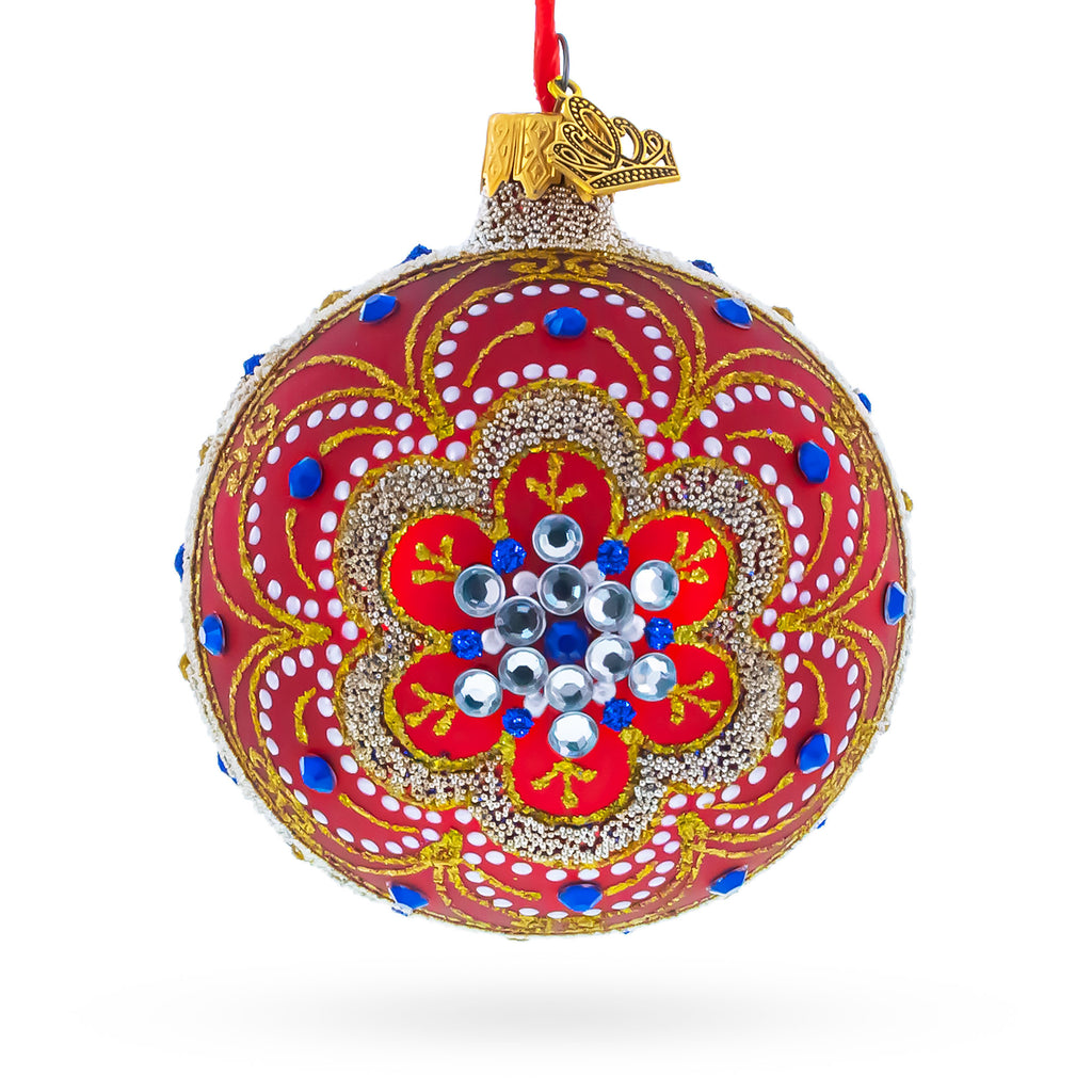Baroque Filigree with Gemstones on Red Glass Ball Christmas Ornament 3.25 Inches in Red color Round