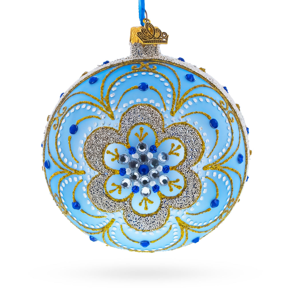 Baroque Filigree with Gemstones on Blue Glass Ball Christmas Ornament 4 Inches in Blue color Round