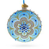 Baroque Filigree with Gemstones on Blue Glass Ball Christmas Ornament 4 Inches in  color Round