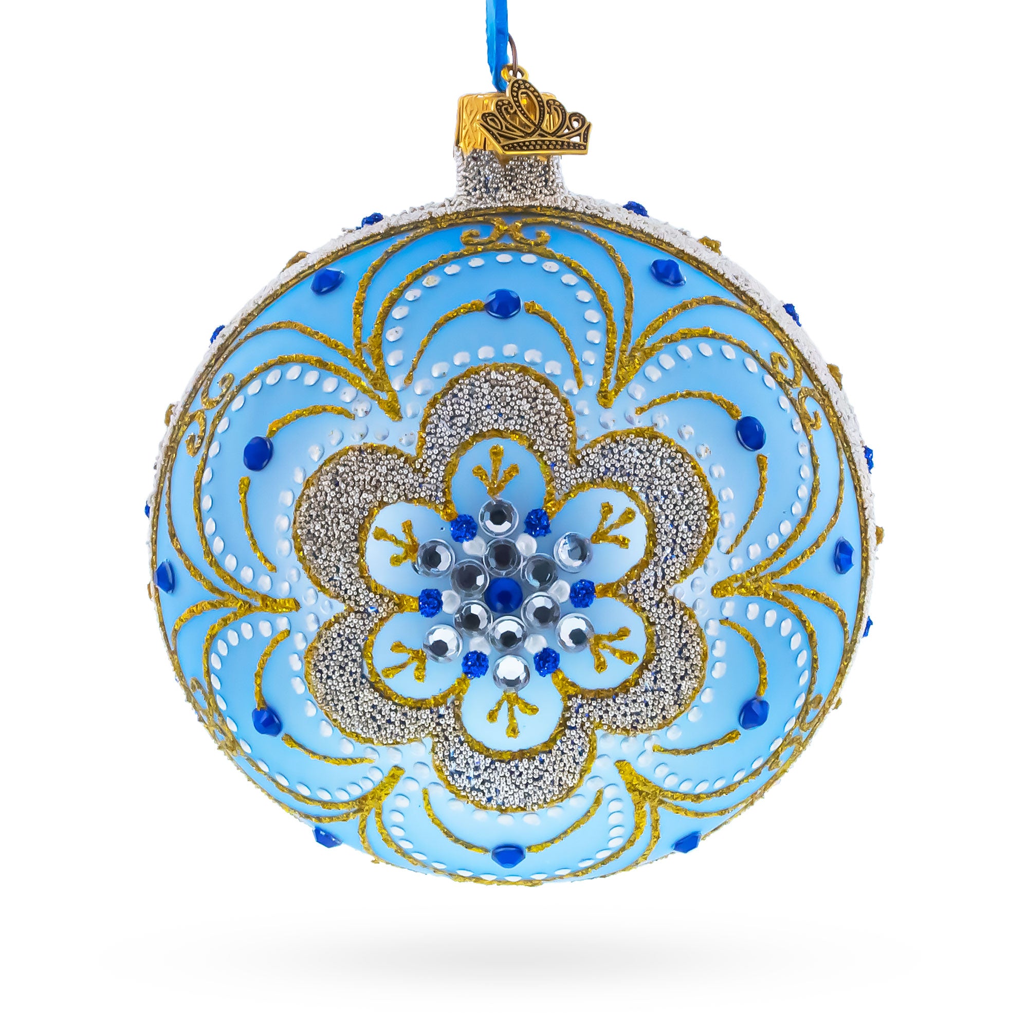 Baroque Filigree with Gemstones on Blue Glass Ball Christmas Ornament 4 Inches in Blue color Round