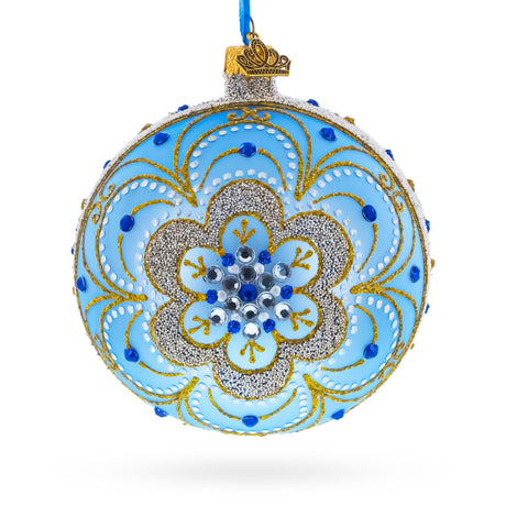 Baroque Filigree with Gemstones on Blue Glass Ball Christmas Ornament 4 Inches in  color Round